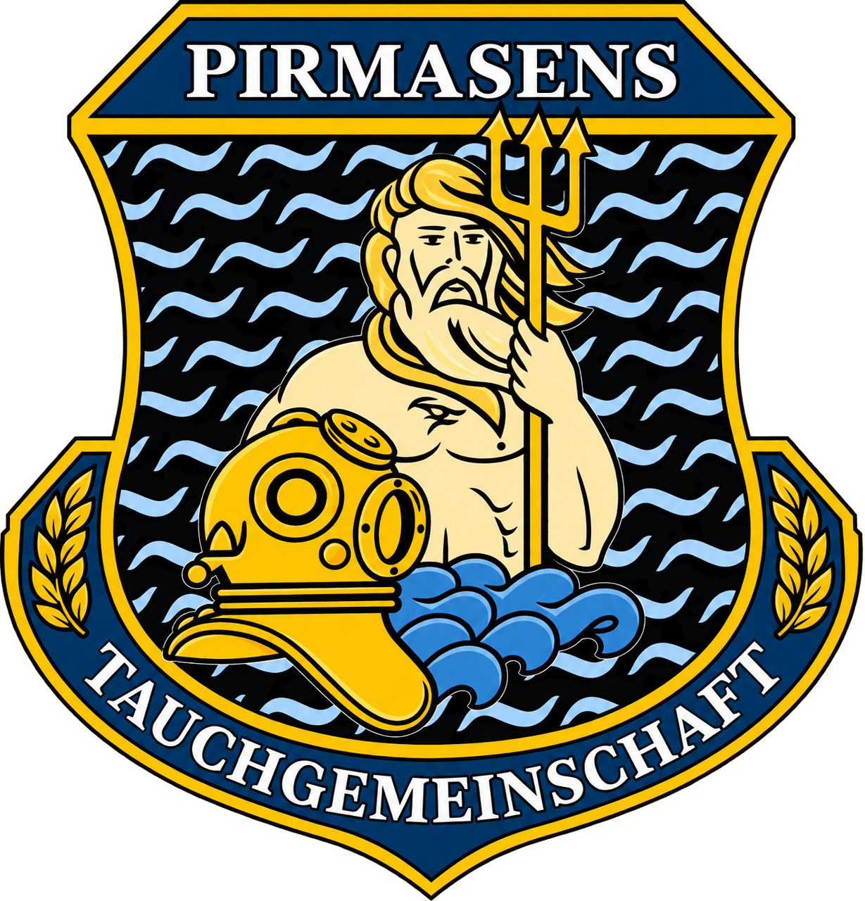 Vereinswappen der Tauchgemeinschaft Pirmasens: Neptun mit Dreizack und Taucherhelm